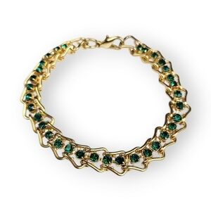 Emerald Green Rhinestone Hook Chain Bracelet Gold Plated Vintage 90s 7.25" Long